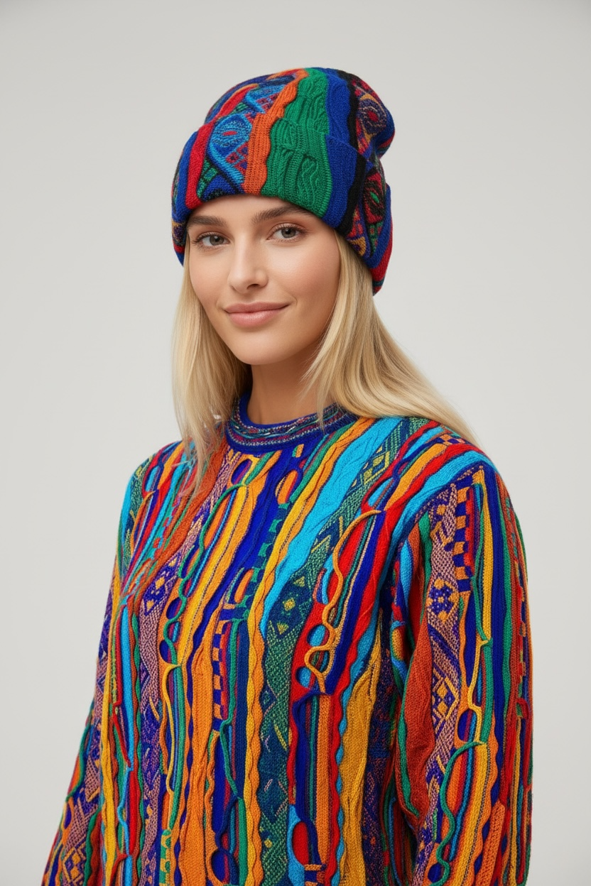 Woman wearing a colorful patterned outfit with a matching hat on a plain background