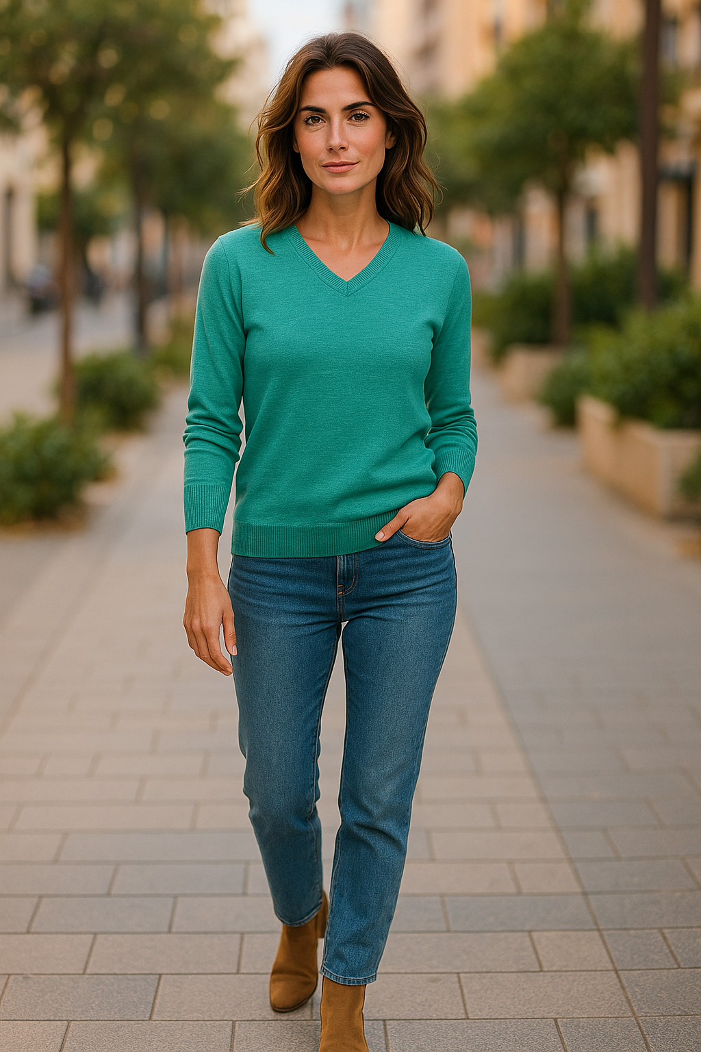 Fine Weight Merino Wool V Neck Jumper - Mineral Green