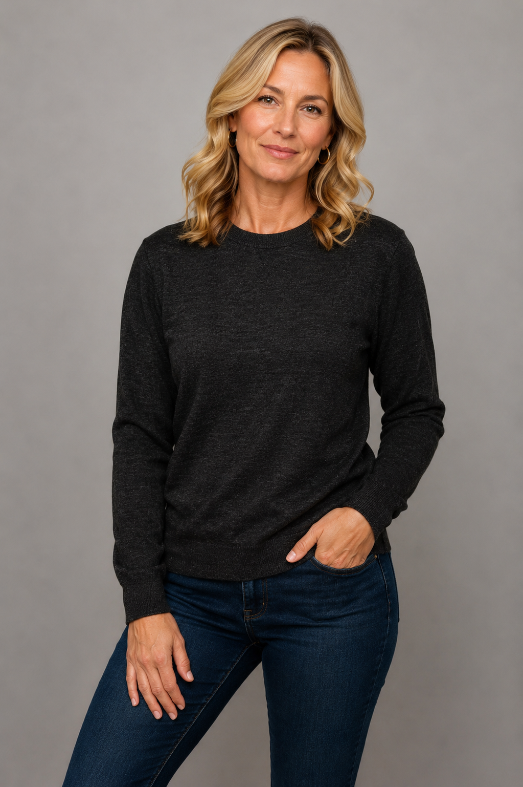 Women's Fine Weight Merino Wool Crew Neck Jumper - Charcoal Grey