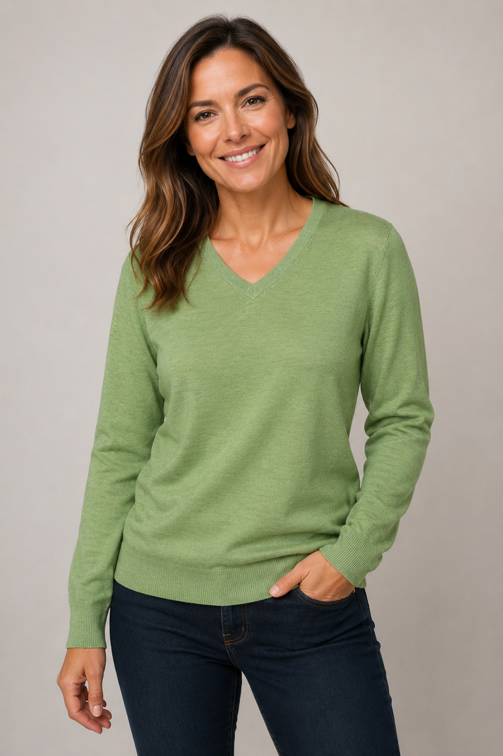 Women's Fine Weight Merino Wool V Neck Jumper - Apple Green
