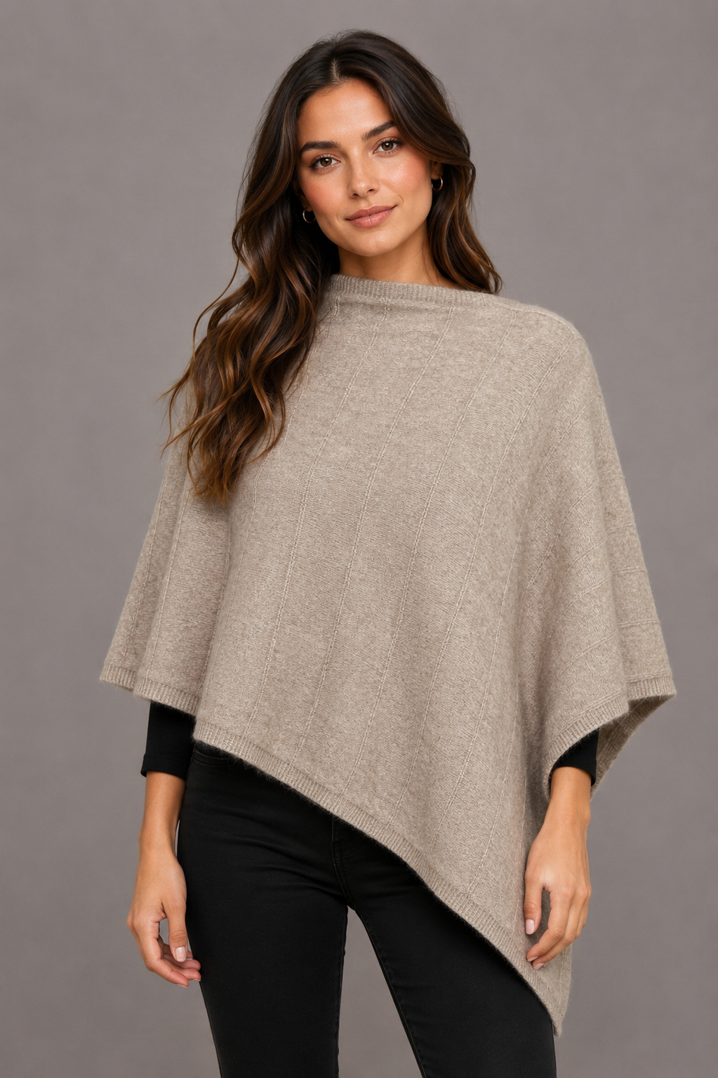 Women’s Possum Merino Wool Poncho Textured Knit – Mocha