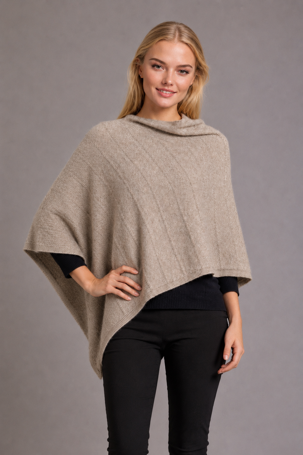 Women’s Possum Merino Wool Poncho Textured Knit – Mocha