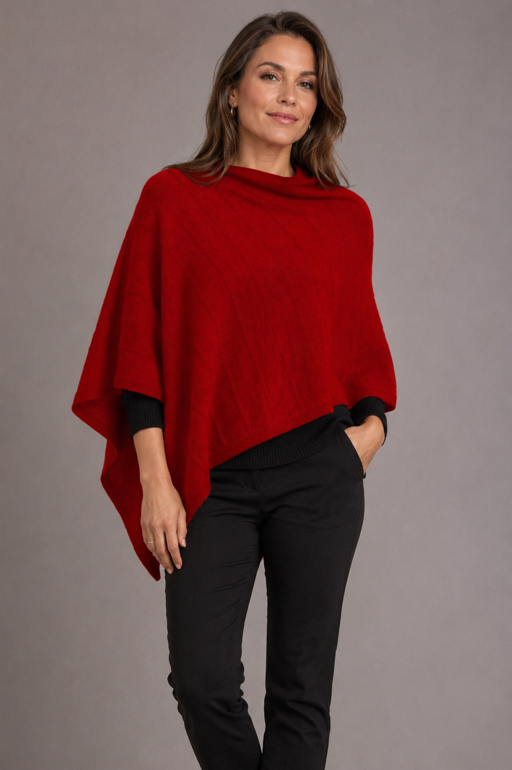 Women’s Possum Merino Wool Poncho Textured Knit – Red