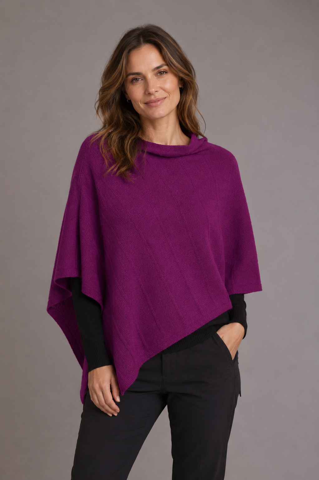 Women’s Possum Merino Wool Poncho Textured Knit – Berry
