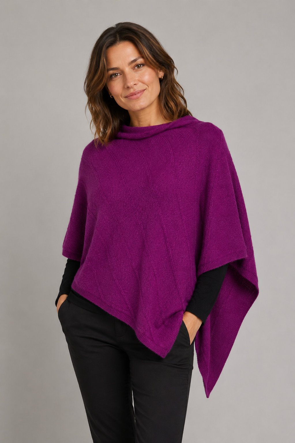 Women’s Possum Merino Wool Poncho Textured Knit – Berry