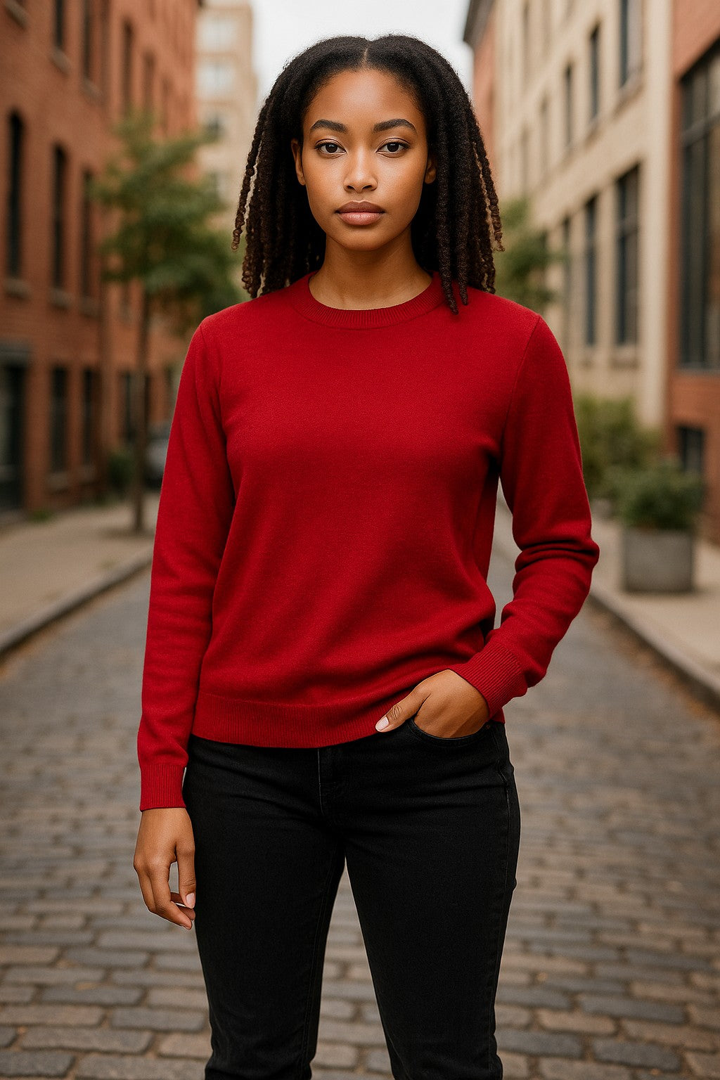 Fine Weight Merino Wool Crew Neck Jumper - Red