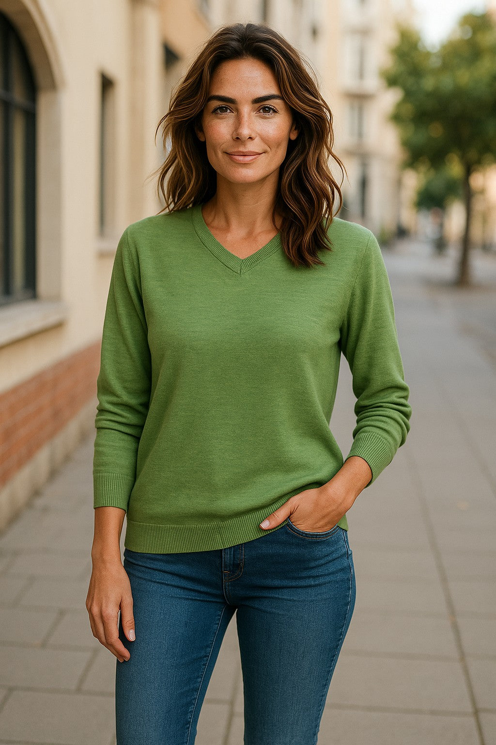 Fine Weight Merino Wool V Neck Jumper - Apple Green