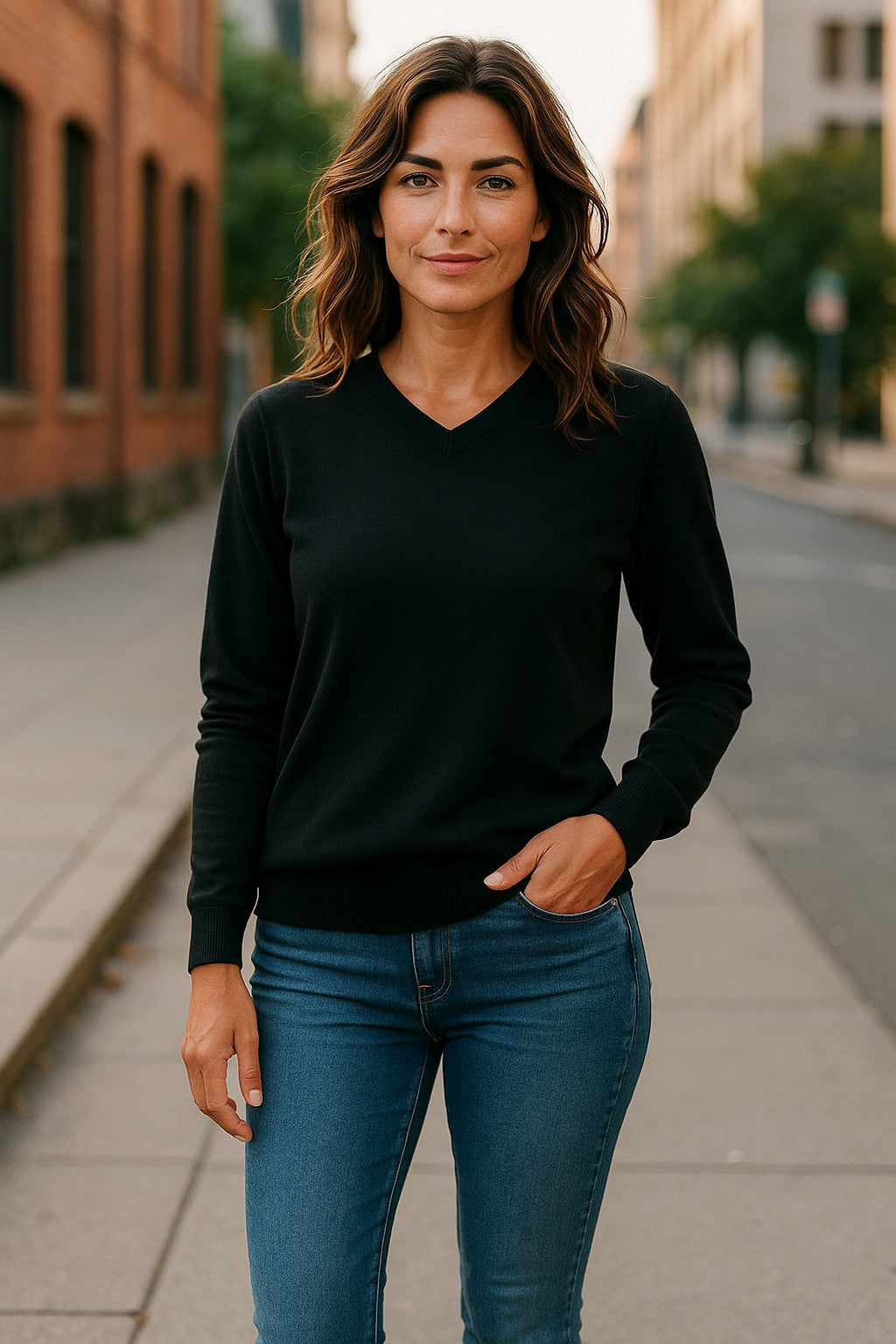 Fine Weight Merino Wool V Neck Jumper - Black