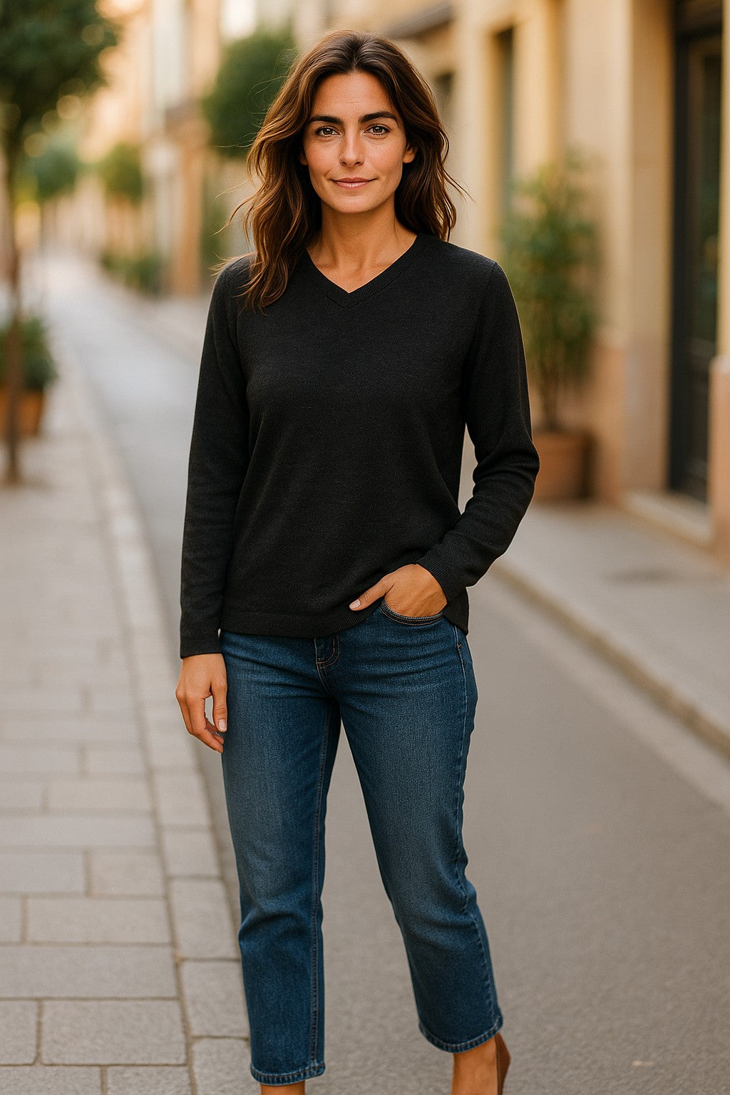 Fine Weight Merino Wool V Neck Jumper - Charcoal Grey