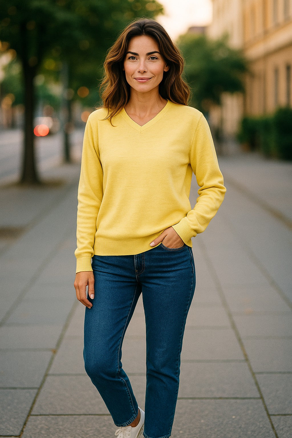 Fine Weight Merino Wool V Neck Jumper - Citrus Yellow