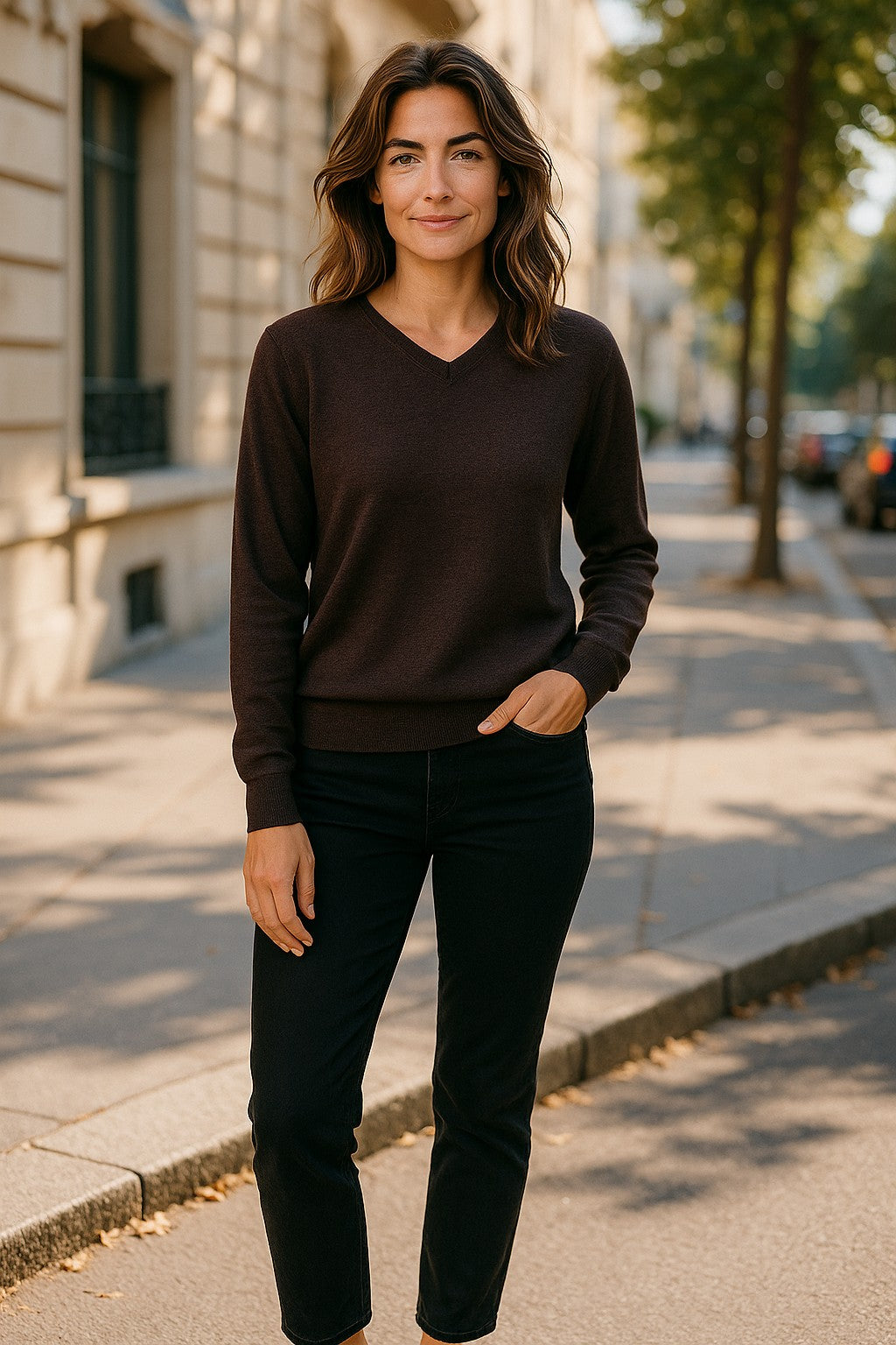 Fine Weight Merino Wool V Neck Jumper - Timber Brown