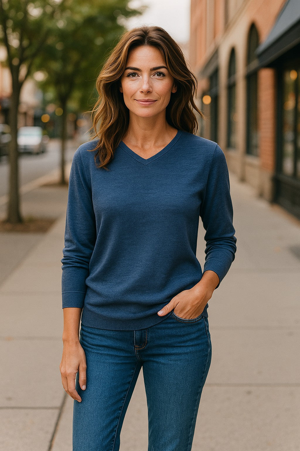 Fine Weight Merino Wool V Neck Jumper - Denim Blue
