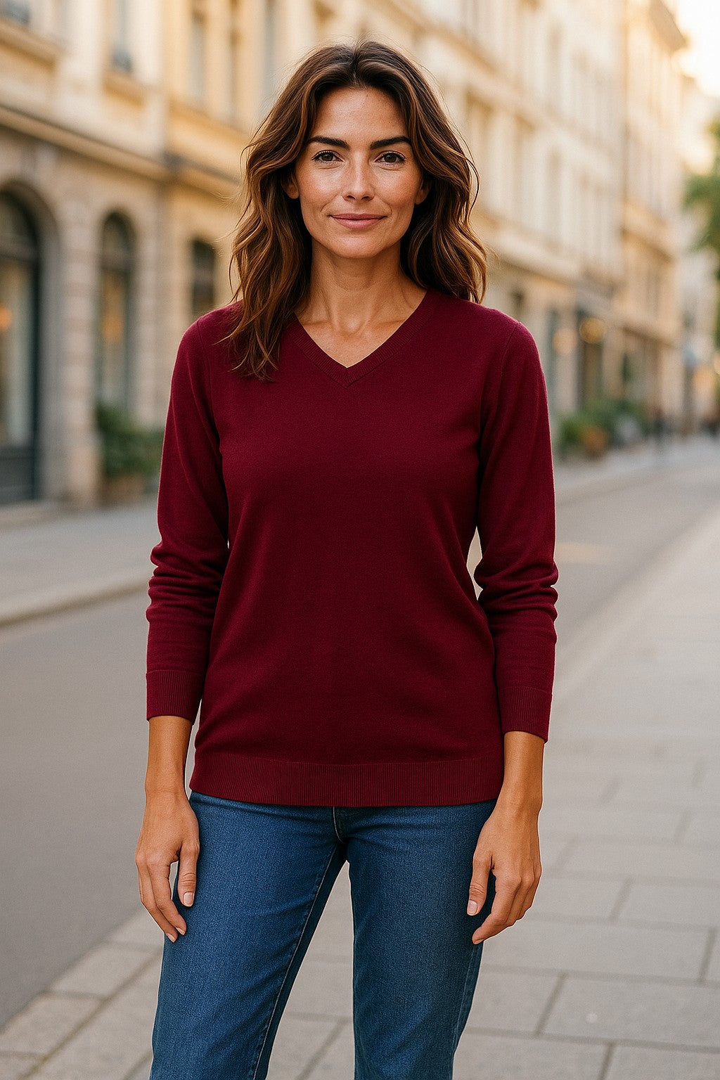 Fine Weight Merino Wool V Neck Jumper - Maroon Merlot