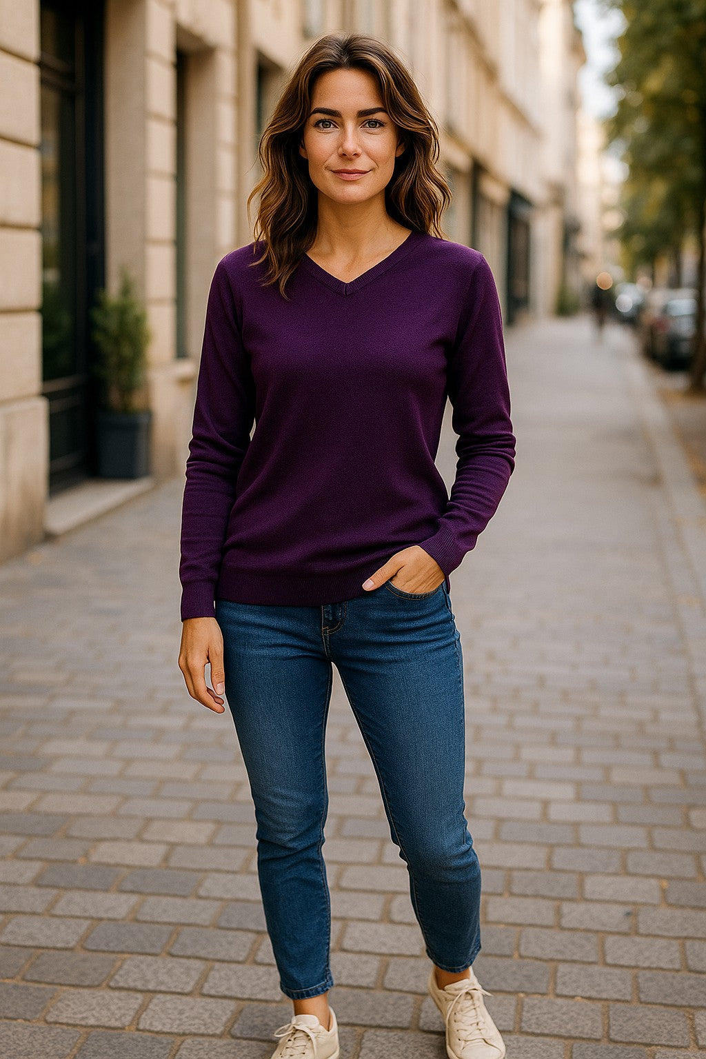 Fine Weight Merino Wool V Neck Jumper - Mulberry Purple