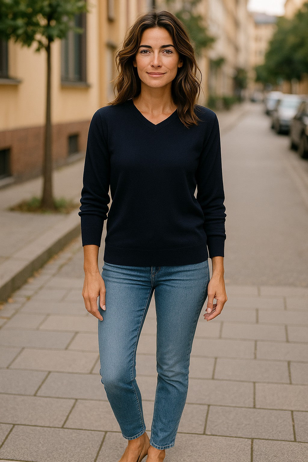 Fine Weight Merino Wool V Neck Jumper - Navy Blue