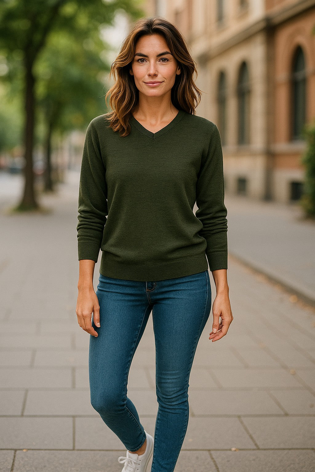 Fine Weight Merino Wool V Neck Jumper - Olive Green
