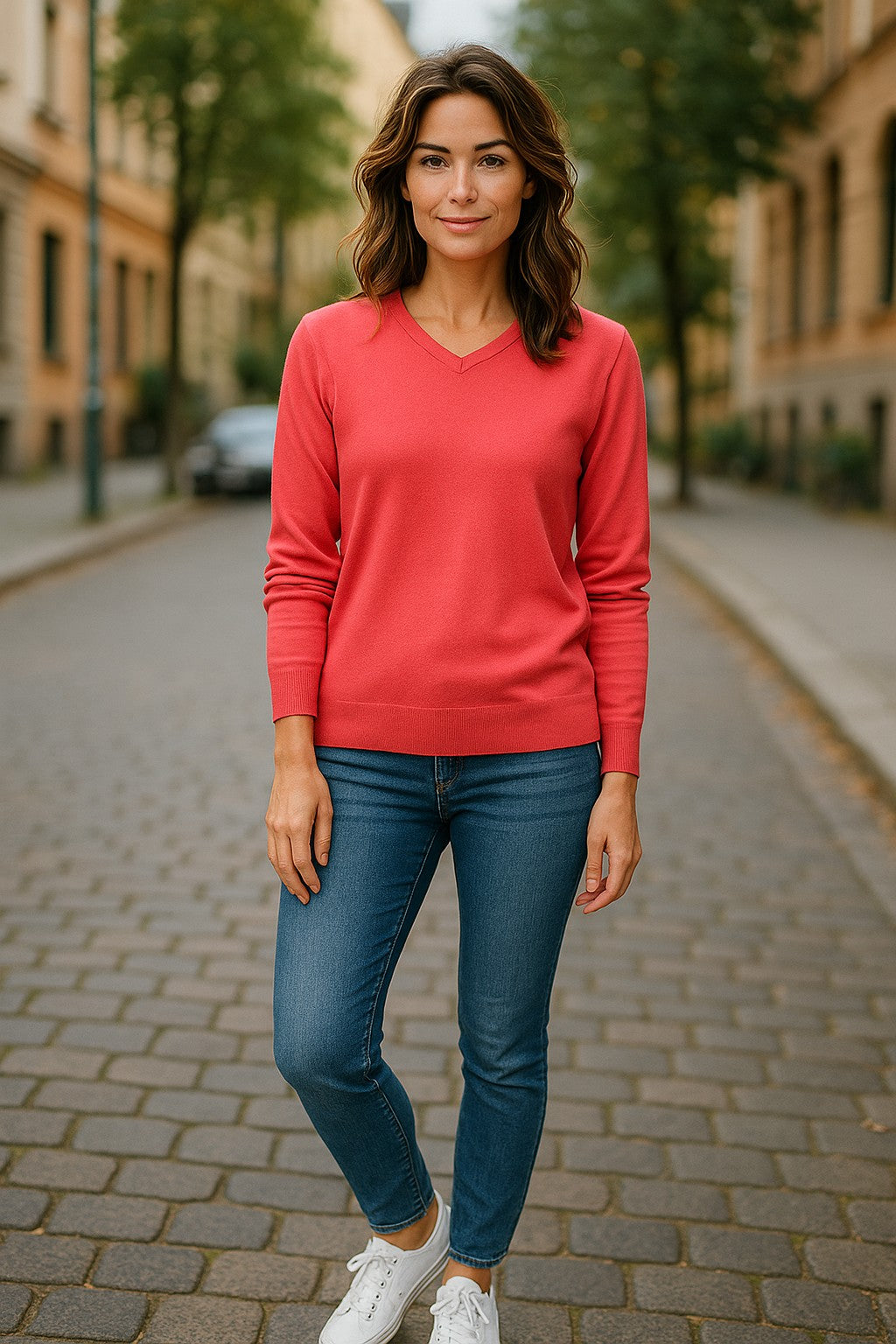 Fine Weight Merino Wool V Neck Jumper - Raspberry