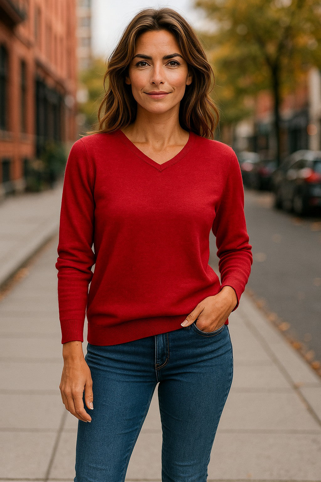 Fine Weight Merino Wool V Neck Jumper - Red
