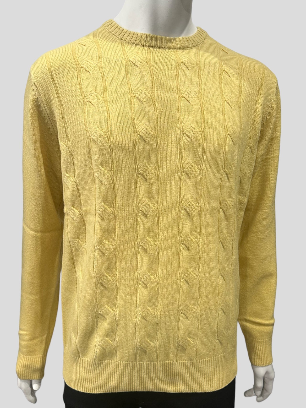 Ansett Yellow Cashmere Merino Wool Cable Knit Crew Neck Jumper