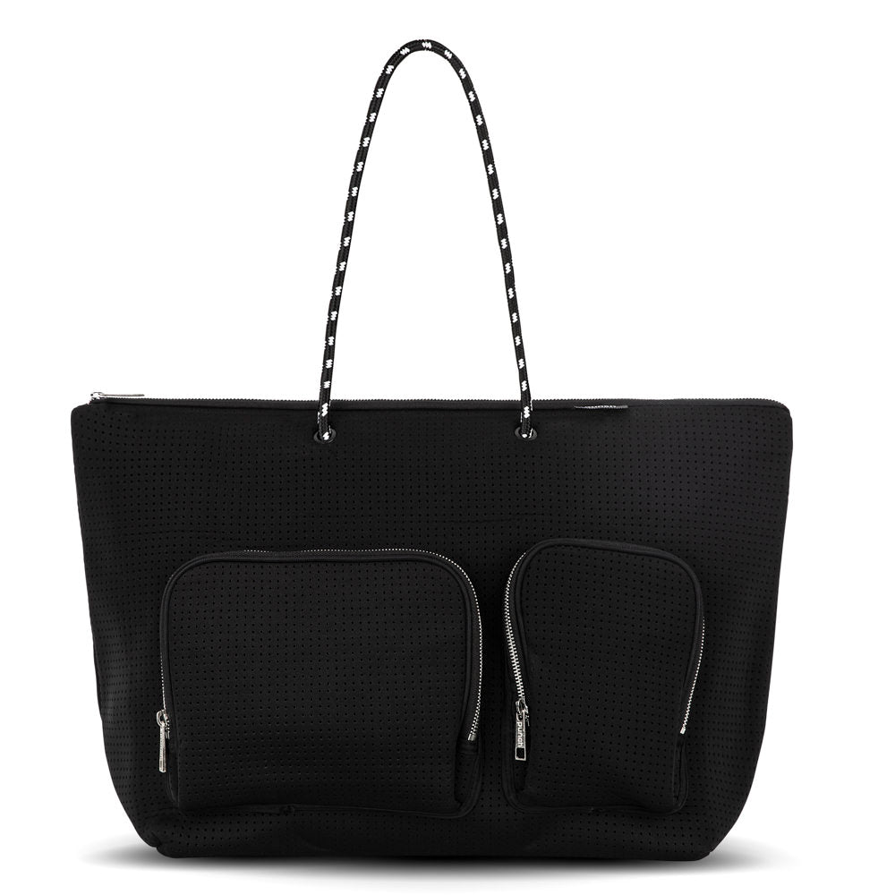 Black Punch Neoprene Tote Bag with Double Pockets