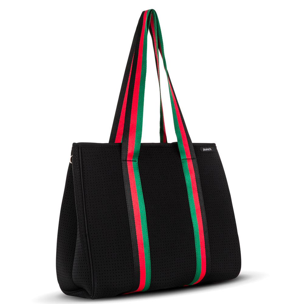 Black (Red/Green) Punch Neoprene Tote Bag With Featured Straps
