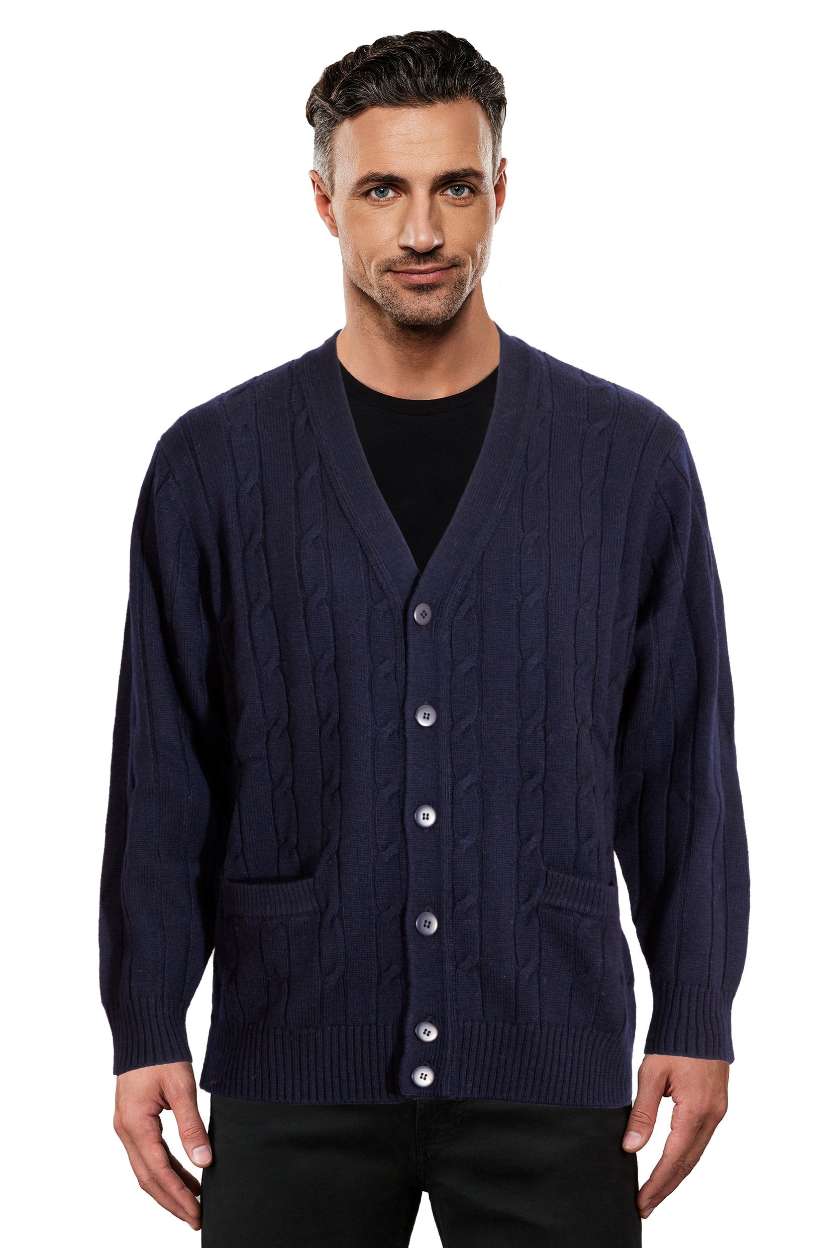 Navy V Neck Cable Knit Cardigan - Sweaters Australia