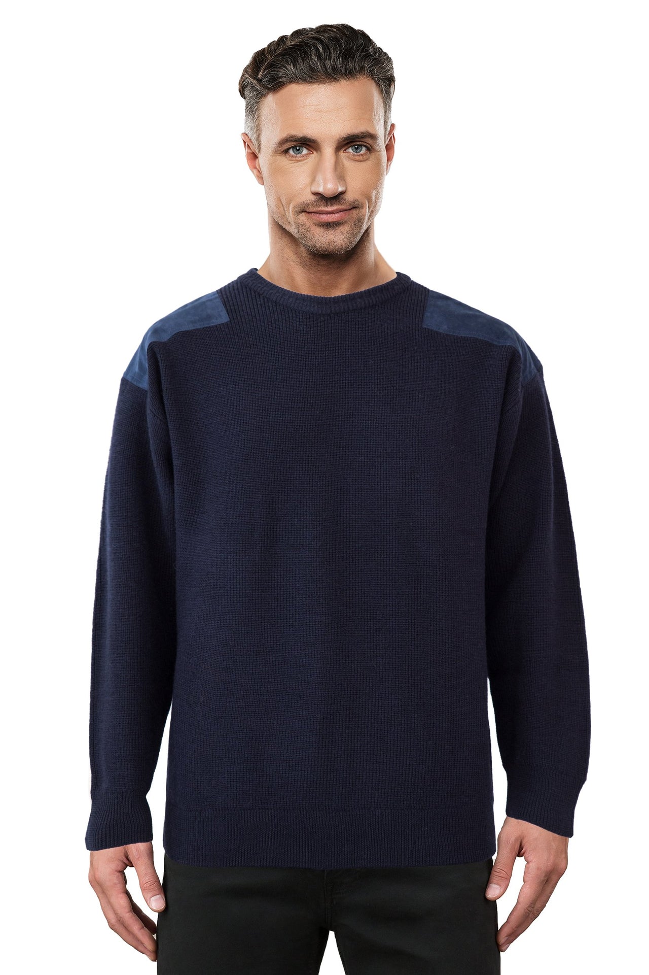 Navy Jumper With Elbow And Shoulder Patches Ansett Plain Knitwear