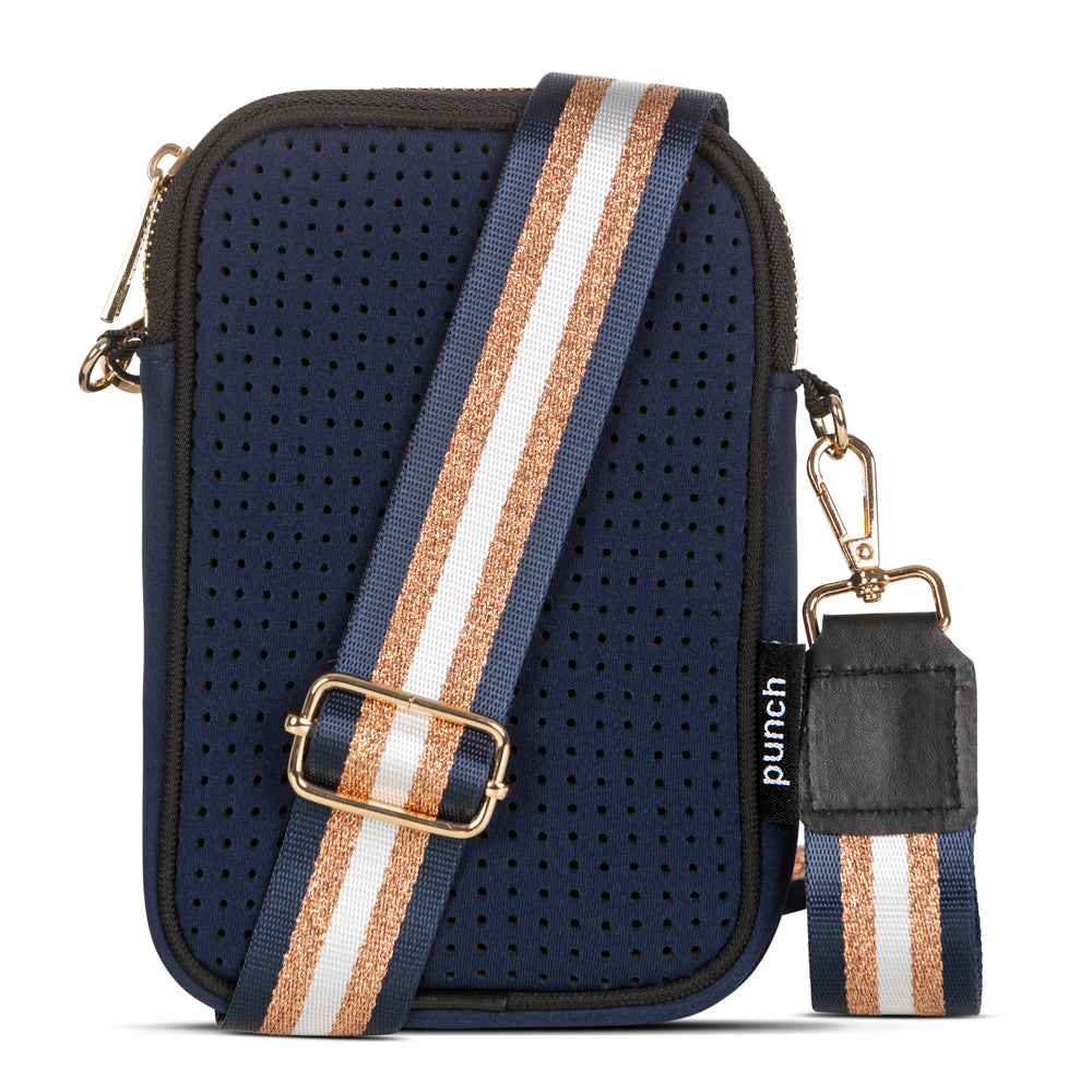 Navy and Gold Punch Neoprene Mini Crossbody Bag