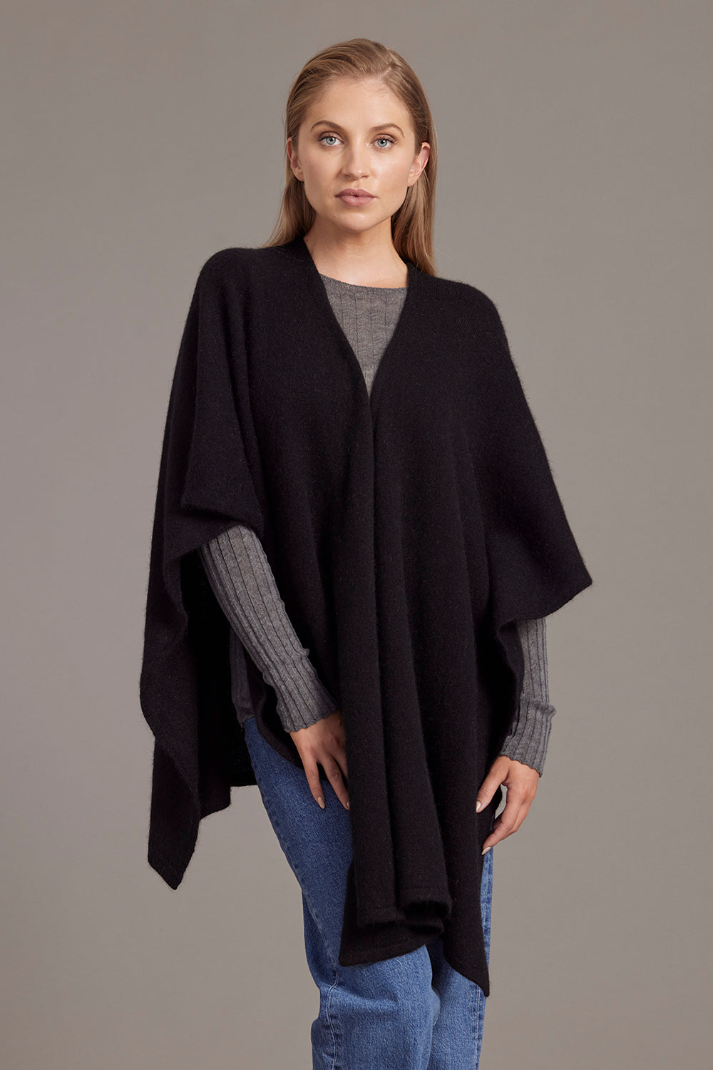 Black McDonald Possum Merino Split Front Cape Wrap